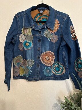 West.End Denim Jacket with Multicolor Embroidered Floral Appliqués